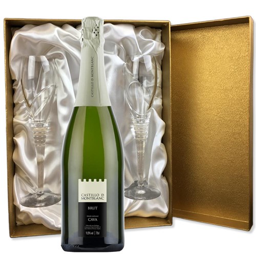 Castillo de Mont-Blanc Cava 75cl in Gold Presentation Set With Flutes